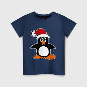 Детская футболка хлопок с принтом Новогодний пингвин. , 100% хлопок | круглый вырез горловины, полуприлегающий силуэт, длина до линии бедер | Тематика изображения на принте: пингвин