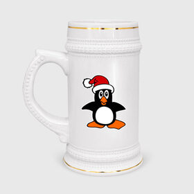 Кружка пивная с принтом Новогодний пингвин. ,  керамика (Материал выдерживает высокую температуру, стоит избегать резкого перепада температур) |  объем 630 мл | пингвин