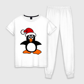 Женская пижама хлопок с принтом Новогодний пингвин. , 100% хлопок | брюки и футболка прямого кроя, без карманов, на брюках мягкая резинка на поясе и по низу штанин | пингвин
