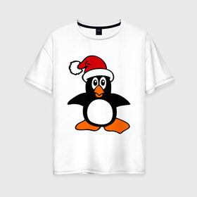 Женская футболка хлопок Oversize с принтом Новогодний пингвин. , 100% хлопок | свободный крой, круглый ворот, спущенный рукав, длина до линии бедер
 | пингвин