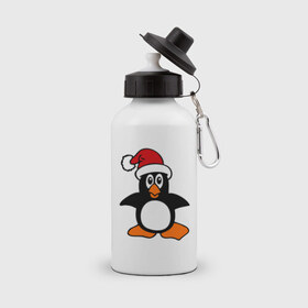 Бутылка спортивная с принтом Новогодний пингвин. , металл | емкость — 500 мл, в комплекте две пластиковые крышки и карабин для крепления | пингвин