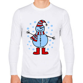 Мужской лонгслив хлопок с принтом Веселый снеговик , 100% хлопок |  | веселый снеговик | зима | новый год | снег | снеговик | снежинки