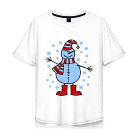 Мужская футболка хлопок Oversize с принтом Веселый снеговик , 100% хлопок | свободный крой, круглый ворот, “спинка” длиннее передней части | Тематика изображения на принте: веселый снеговик | зима | новый год | снег | снеговик | снежинки