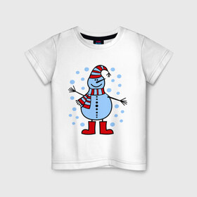 Детская футболка хлопок с принтом Веселый снеговик , 100% хлопок | круглый вырез горловины, полуприлегающий силуэт, длина до линии бедер | веселый снеговик | зима | новый год | снег | снеговик | снежинки