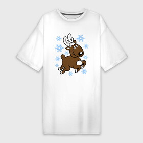Платье-футболка хлопок с принтом Олень и снежинки. ,  |  | новогодние подарки | новый год | олененок | олень | подарок на новый год | снежинки
