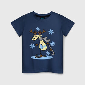 Детская футболка хлопок с принтом Олень на лыжах. , 100% хлопок | круглый вырез горловины, полуприлегающий силуэт, длина до линии бедер | Тематика изображения на принте: лыжи | новогодние подарки | новый год | олененок | олень | подарок на новый год