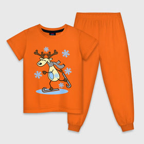 Детская пижама хлопок с принтом Олень на лыжах. , 100% хлопок |  брюки и футболка прямого кроя, без карманов, на брюках мягкая резинка на поясе и по низу штанин
 | лыжи | новогодние подарки | новый год | олененок | олень | подарок на новый год