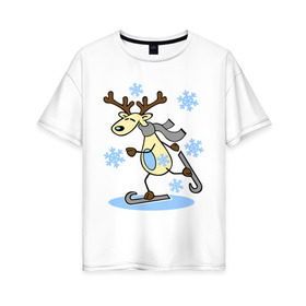 Женская футболка хлопок Oversize с принтом Олень на лыжах. , 100% хлопок | свободный крой, круглый ворот, спущенный рукав, длина до линии бедер
 | лыжи | новогодние подарки | новый год | олененок | олень | подарок на новый год