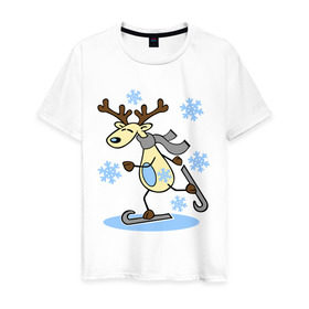 Мужская футболка хлопок с принтом Олень на лыжах. , 100% хлопок | прямой крой, круглый вырез горловины, длина до линии бедер, слегка спущенное плечо. | лыжи | новогодние подарки | новый год | олененок | олень | подарок на новый год