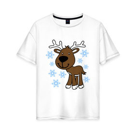 Женская футболка хлопок Oversize с принтом Олень в снегу. , 100% хлопок | свободный крой, круглый ворот, спущенный рукав, длина до линии бедер
 | новогодний подарок | новый год | олень | с новым годом | снег | снежинки
