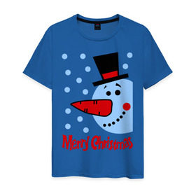 Мужская футболка хлопок с принтом Снеговик в цилиндре , 100% хлопок | прямой крой, круглый вырез горловины, длина до линии бедер, слегка спущенное плечо. | merry christmas | морковка | новогодний подарок | новый год | с новым годом | снег | снеговик | снежинки | цилиндр
