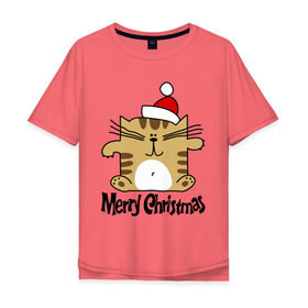 Мужская футболка хлопок Oversize с принтом Квадратный кот , 100% хлопок | свободный крой, круглый ворот, “спинка” длиннее передней части | merry christmas | кот | новогодний колпак | новогодний подарок | новый год | с новым годом