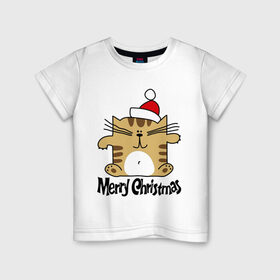 Детская футболка хлопок с принтом Квадратный кот , 100% хлопок | круглый вырез горловины, полуприлегающий силуэт, длина до линии бедер | merry christmas | кот | новогодний колпак | новогодний подарок | новый год | с новым годом