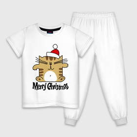 Детская пижама хлопок с принтом Квадратный кот , 100% хлопок |  брюки и футболка прямого кроя, без карманов, на брюках мягкая резинка на поясе и по низу штанин
 | merry christmas | кот | новогодний колпак | новогодний подарок | новый год | с новым годом