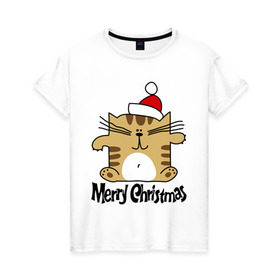 Женская футболка хлопок с принтом Квадратный кот , 100% хлопок | прямой крой, круглый вырез горловины, длина до линии бедер, слегка спущенное плечо | merry christmas | кот | новогодний колпак | новогодний подарок | новый год | с новым годом