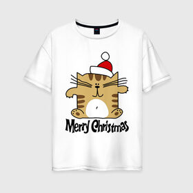 Женская футболка хлопок Oversize с принтом Квадратный кот , 100% хлопок | свободный крой, круглый ворот, спущенный рукав, длина до линии бедер
 | merry christmas | кот | новогодний колпак | новогодний подарок | новый год | с новым годом