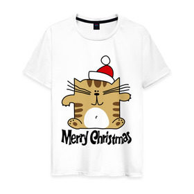 Мужская футболка хлопок с принтом Квадратный кот , 100% хлопок | прямой крой, круглый вырез горловины, длина до линии бедер, слегка спущенное плечо. | merry christmas | кот | новогодний колпак | новогодний подарок | новый год | с новым годом