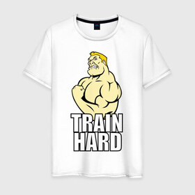 Мужская футболка хлопок с принтом Train hard (тренируйся усердно) , 100% хлопок | прямой крой, круглый вырез горловины, длина до линии бедер, слегка спущенное плечо. | Тематика изображения на принте: 