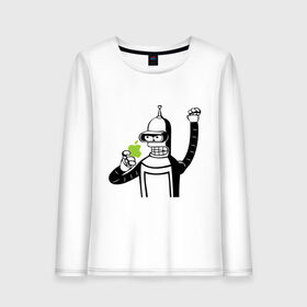 Женский лонгслив хлопок с принтом Бендер и яблоко , 100% хлопок |  | bender | futurama fans | futurama t shirt | newtop | robot | toplanding | uturama | бендер | бендер и яблоко | выше нос | мультики | мультфильмы | робот | фрукт | футурама