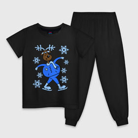 Детская пижама хлопок с принтом Олень на коньках , 100% хлопок |  брюки и футболка прямого кроя, без карманов, на брюках мягкая резинка на поясе и по низу штанин
 | коньки | новогодний подарок | олень | олень и снег | олень на коньках | с новым годом | снежинки
