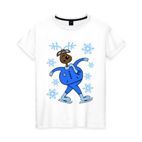 Женская футболка хлопок с принтом Олень на коньках , 100% хлопок | прямой крой, круглый вырез горловины, длина до линии бедер, слегка спущенное плечо | коньки | новогодний подарок | олень | олень и снег | олень на коньках | с новым годом | снежинки