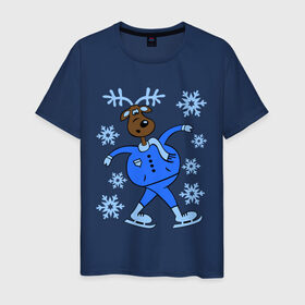 Мужская футболка хлопок с принтом Олень на коньках , 100% хлопок | прямой крой, круглый вырез горловины, длина до линии бедер, слегка спущенное плечо. | коньки | новогодний подарок | олень | олень и снег | олень на коньках | с новым годом | снежинки