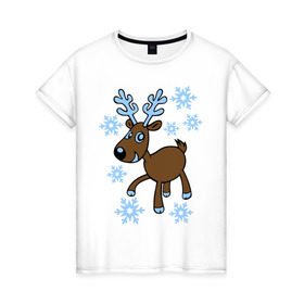 Женская футболка хлопок с принтом Олень и снег , 100% хлопок | прямой крой, круглый вырез горловины, длина до линии бедер, слегка спущенное плечо | 2014 год | новогодний подарок | новый год | олень | олень и снег | с новым годом | снег | снежинки