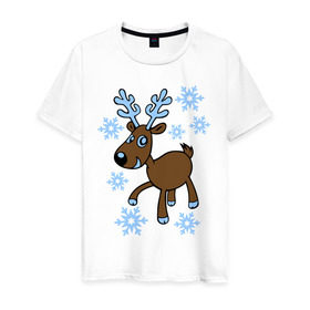 Мужская футболка хлопок с принтом Олень и снег , 100% хлопок | прямой крой, круглый вырез горловины, длина до линии бедер, слегка спущенное плечо. | 2014 год | новогодний подарок | новый год | олень | олень и снег | с новым годом | снег | снежинки
