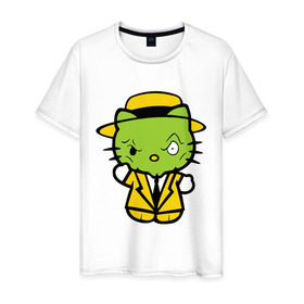 Мужская футболка хлопок с принтом Kitty Mask , 100% хлопок | прямой крой, круглый вырез горловины, длина до линии бедер, слегка спущенное плечо. | kitty mask | зеленая кошка | кошки | маска