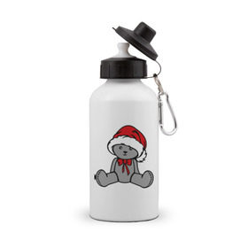 Бутылка спортивная с принтом Мишка в новогодней шапке , металл | емкость — 500 мл, в комплекте две пластиковые крышки и карабин для крепления | новогодний | рождество