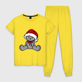 Женская пижама хлопок с принтом Мишка в новогодней шапке , 100% хлопок | брюки и футболка прямого кроя, без карманов, на брюках мягкая резинка на поясе и по низу штанин | новогодний | рождество