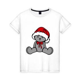 Женская футболка хлопок с принтом Мишка в новогодней шапке , 100% хлопок | прямой крой, круглый вырез горловины, длина до линии бедер, слегка спущенное плечо | новогодний | рождество