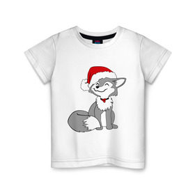 Детская футболка хлопок с принтом Новогодний Лисёнок , 100% хлопок | круглый вырез горловины, полуприлегающий силуэт, длина до линии бедер | happy | new year | в шапке | лис | рождество