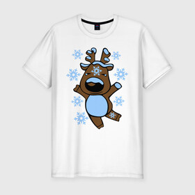 Мужская футболка премиум с принтом Олень в снегу , 92% хлопок, 8% лайкра | приталенный силуэт, круглый вырез ворота, длина до линии бедра, короткий рукав | Тематика изображения на принте: happy new year | new year | новогодний | олень | рождество | рудольф | с новым годом