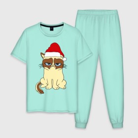 Мужская пижама хлопок с принтом Угрюмый новогодний кот , 100% хлопок | брюки и футболка прямого кроя, без карманов, на брюках мягкая резинка на поясе и по низу штанин
 | Тематика изображения на принте: кот | котик | котя | новый год | новый год 2014 | угрюмый новогодний кот