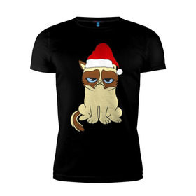 Мужская футболка премиум с принтом Угрюмый новогодний кот , 92% хлопок, 8% лайкра | приталенный силуэт, круглый вырез ворота, длина до линии бедра, короткий рукав | кот | котик | котя | новый год | новый год 2014 | угрюмый новогодний кот
