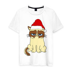 Мужская футболка хлопок с принтом Угрюмый новогодний кот , 100% хлопок | прямой крой, круглый вырез горловины, длина до линии бедер, слегка спущенное плечо. | кот | котик | котя | новый год | новый год 2014 | угрюмый новогодний кот