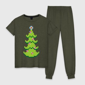 Женская пижама хлопок с принтом Пиксельная елка , 100% хлопок | брюки и футболка прямого кроя, без карманов, на брюках мягкая резинка на поясе и по низу штанин | 8 bit | елочка | ель | новогодняя елка | пиксели | пиксельный | с новым годом | с рождеством