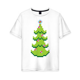 Женская футболка хлопок Oversize с принтом Пиксельная елка , 100% хлопок | свободный крой, круглый ворот, спущенный рукав, длина до линии бедер
 | 8 bit | елочка | ель | новогодняя елка | пиксели | пиксельный | с новым годом | с рождеством