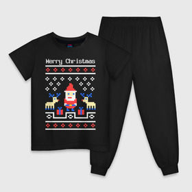 Детская пижама хлопок с принтом Пиксельный узор , 100% хлопок |  брюки и футболка прямого кроя, без карманов, на брюках мягкая резинка на поясе и по низу штанин
 | 8 bit | merry christmas | новогодний | новогодняя | олени | орнамент | пиксели | пиксельный узор | подарки | подарок на новый год | рождество | с новым годом | с рождеством | санта клаус