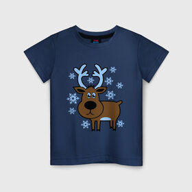 Детская футболка хлопок с принтом Олень и снежинки , 100% хлопок | круглый вырез горловины, полуприлегающий силуэт, длина до линии бедер | новогодний подарок | новый год | олень | олень и снижинки | с новым годом | снег | снежинки