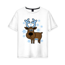 Женская футболка хлопок Oversize с принтом Олень и снежинки , 100% хлопок | свободный крой, круглый ворот, спущенный рукав, длина до линии бедер
 | новогодний подарок | новый год | олень | олень и снижинки | с новым годом | снег | снежинки