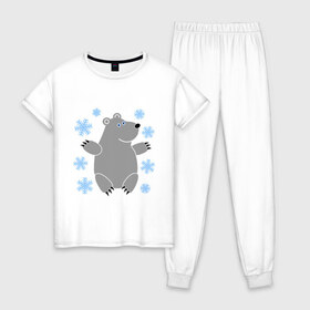 Женская пижама хлопок с принтом Белый мишка , 100% хлопок | брюки и футболка прямого кроя, без карманов, на брюках мягкая резинка на поясе и по низу штанин | белый медведь | белый мишка | животные | мишка с в снежинках | новогодний мишка | новый год