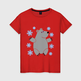 Женская футболка хлопок с принтом Белый мишка , 100% хлопок | прямой крой, круглый вырез горловины, длина до линии бедер, слегка спущенное плечо | белый медведь | белый мишка | животные | мишка с в снежинках | новогодний мишка | новый год