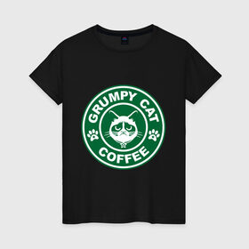 Женская футболка хлопок с принтом Grumpy cat coffee , 100% хлопок | прямой крой, круглый вырез горловины, длина до линии бедер, слегка спущенное плечо | grumpy cat coffee | антибренд | кот | сердитый кот