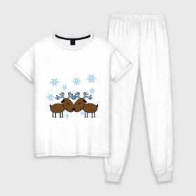Женская пижама хлопок с принтом Влюбленные олени , 100% хлопок | брюки и футболка прямого кроя, без карманов, на брюках мягкая резинка на поясе и по низу штанин | влюбленные олени | новый год | олени | снежинки