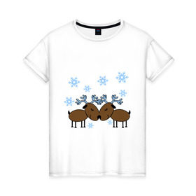 Женская футболка хлопок с принтом Влюбленные олени , 100% хлопок | прямой крой, круглый вырез горловины, длина до линии бедер, слегка спущенное плечо | влюбленные олени | новый год | олени | снежинки