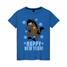Женская футболка хлопок с принтом Новогодняя Лошадка , 100% хлопок | прямой крой, круглый вырез горловины, длина до линии бедер, слегка спущенное плечо | happy new year | идеи подарков | конь | лошадка | новогодняя лошадка | новый год | новый год 2014