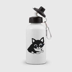 Бутылка спортивная с принтом Кошечка , металл | емкость — 500 мл, в комплекте две пластиковые крышки и карабин для крепления | киска | кошечка | кошка с белым хвостиком | мяу | черная кошка