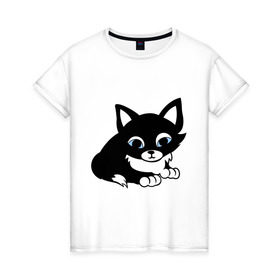 Женская футболка хлопок с принтом Кошечка , 100% хлопок | прямой крой, круглый вырез горловины, длина до линии бедер, слегка спущенное плечо | киска | кошечка | кошка с белым хвостиком | мяу | черная кошка